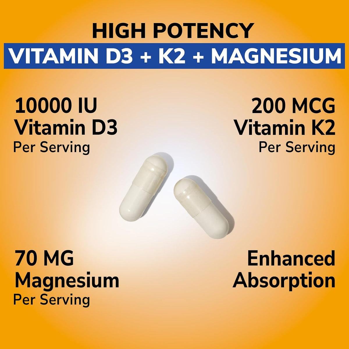 Vitalibre D3 K2 + Magnesium Supplement, 10000 IU Vitamin D3 & 200 mcg K2, with Magnesium Glycinate, Bone, Teeth, Immune & Energy Support, High Absorption, Non-GMO, Easy to Swallow, 60 Capsules