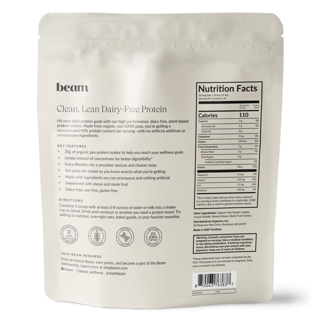 BEAM Vegan Protein Powder – Organic Pea Protein Isolate, 20g Plant-Based Protein per Serving, Third-Party Tested, No Added Sugar, Dairy Free, Soy Free, Gluten Free, 20 Servings, Chocolate