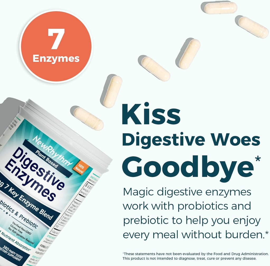 NewRhythm Digestive Enzymes 490 mg, with Probiotics & Prebiotic, Plant Based, 7 Key Enzymes, Digestion, Nutrient Absorption, Protease Amylase & Lipase, 120 Vegan Capsules