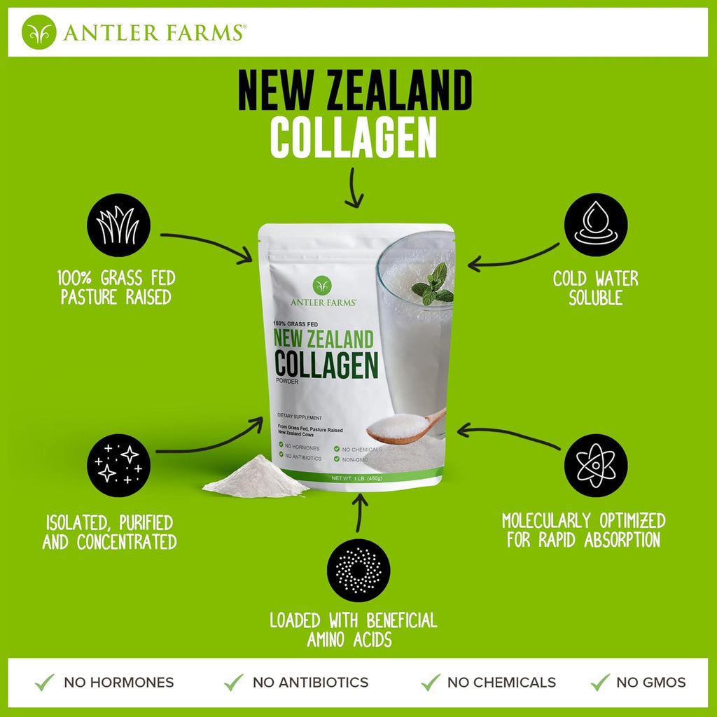 Antler Farms New Zealand Collagen Powder - Grass Fed, Unflavored, 1 lb | 100% Pure Hydrolyzed Collagen Peptides Powder, Cold Water Soluble Peptide, Keto Friendly, Bioavailable, Quick Dissolving