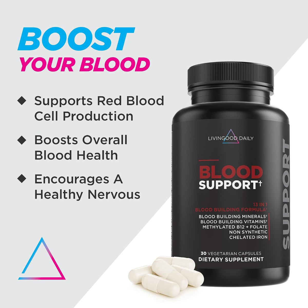 Livingood Daily Iron Supplement for Women & Men, Blood Support Formula with Chelated Iron, Methylated B12, Vitamin C, Zinc & Folate, Vegan, Non GMO, Gluten Free, Allergen Free, 30 Capsules