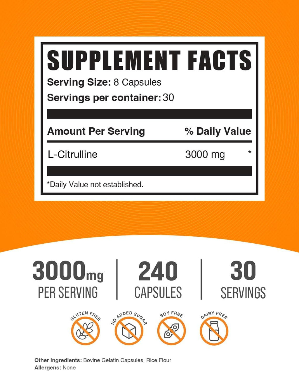 BulkSupplements.com L-Citrulline Capsules - Citrulline Supplement, L-Citrulline 3000mg Capsules - Citrulline Pills, Gluten Free - 8 Capsules per Serving, 240 Capsules (Pack of 1)