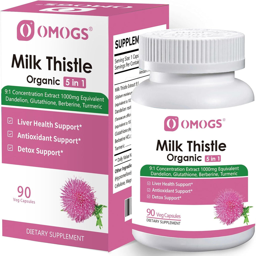 OMOGS Organic Milk Thistle, Herbal Liver Support Milk Thistle Supplement, with Dandelion Root, Glutathione, Berberine HCL &Turmeric, Support Liver Cleanse Detox & Repair, 90 Capsules