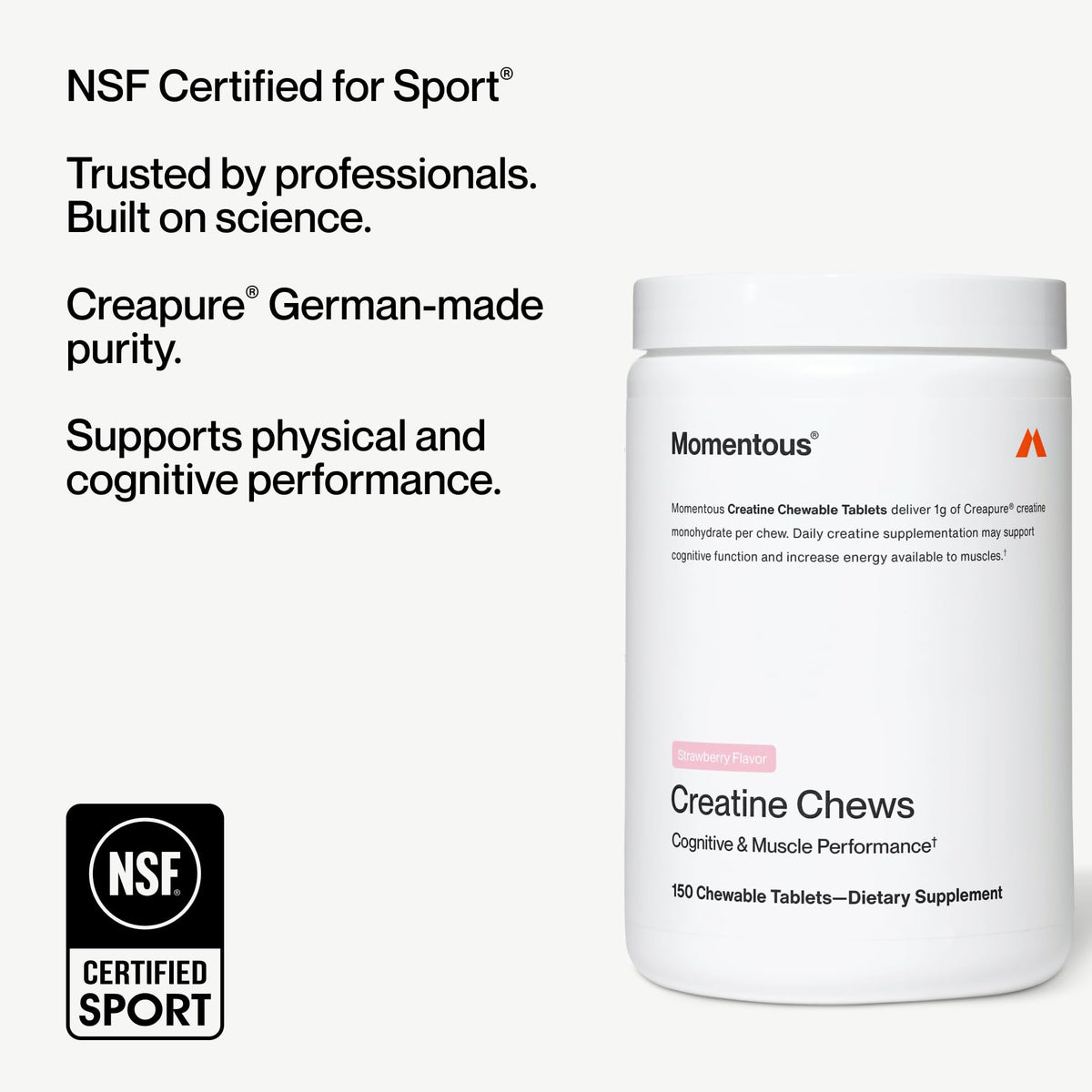 Momentous Creatine Chews - Creatine Monohydrate - Supports Strength, Lean Muscle, & Recovery for Men & Women - NSF Certified for Sport - 150 Chewable Tablets - Lemon Lime