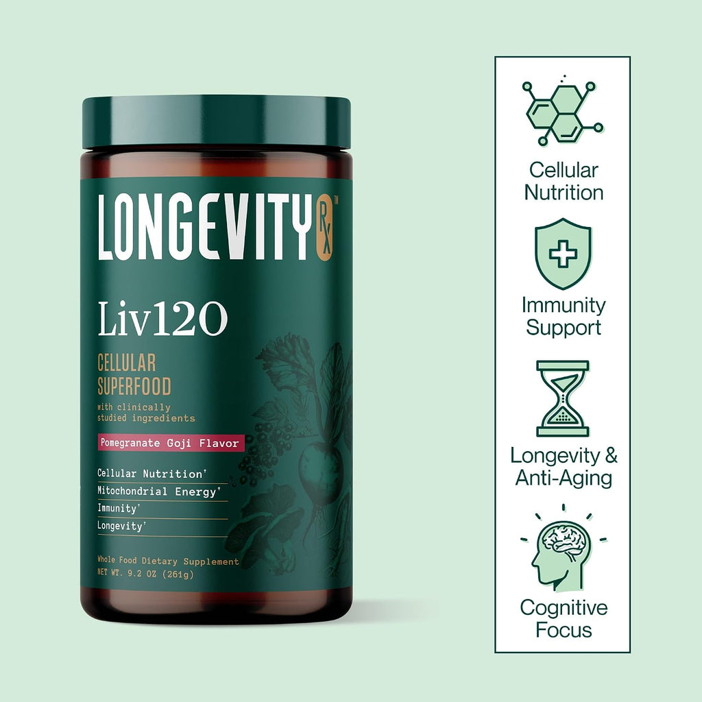 Liv120 Superfood Powder, Antioxidant Blend with Pomegranate, Turmeric, Mulberry, Soursop, Noni, Non-GMO, Vegan, for Energy, Detox, Immunity