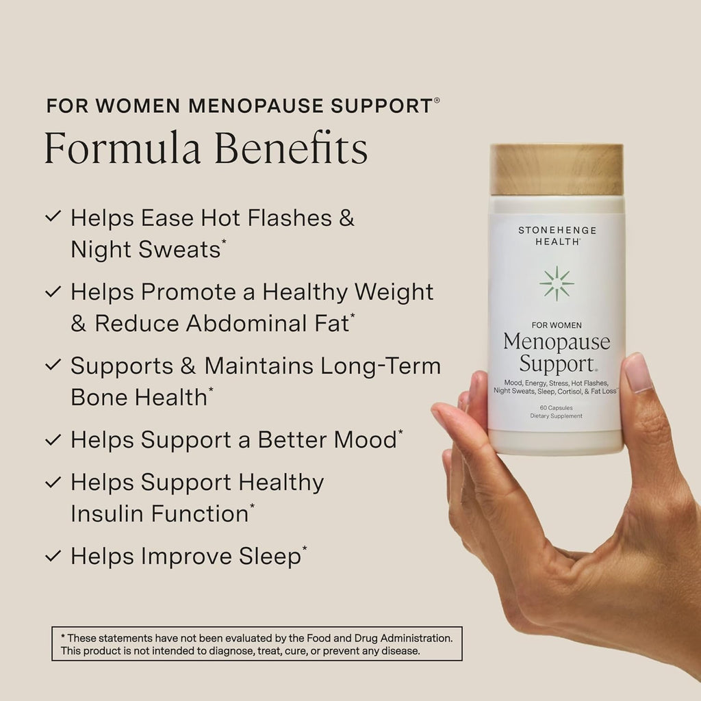 Stonehenge Health for Women Menopause Support for Peri + Menopause + Post - Mood, Energy, Stress, Hot Flashes, Night Sweats, Sleep & Cortisol, Chromax Chromium, Vitamin D3, KSM-66 Ashwagandha