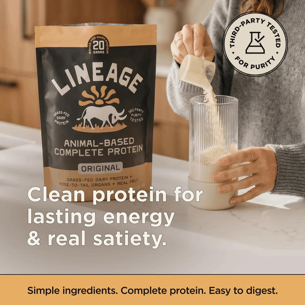 Lineage Provisions Chocolate Whey Protein Powder, 3.09 lbs | 20g complete grass-fed protein with organs, colostrum & fruit. No gums, fillers or artificial sweeteners.