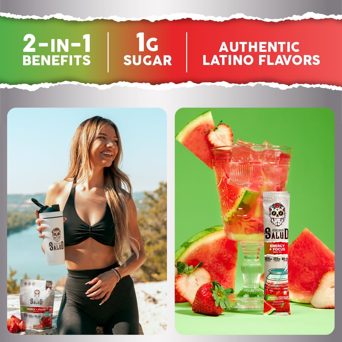 Salud 2-Pack | 2-in-1 Hydration + Immunity (Hibiscus) & Energy + Focus (Strawberry Watermelon) – 15 Servings Each, Agua Fresca Drink Mix, Non-GMO, Gluten Free, Vegan, Low Calorie, 1g of Sugar