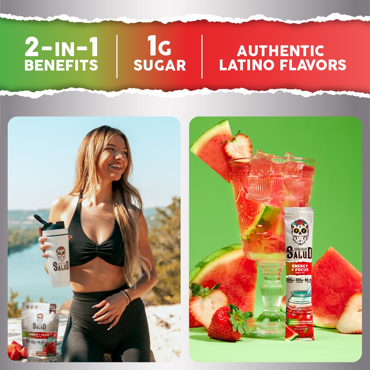 Salud 2-Pack |2-in-1 Energy + Focus (Peach Lemonade) & Energy + Focus (Strawberry Watermelon) – 15 Servings Each, Agua Fresca Drink Mix, Non-GMO, Gluten Free, Vegan, Low Calorie, 1g of Sugar