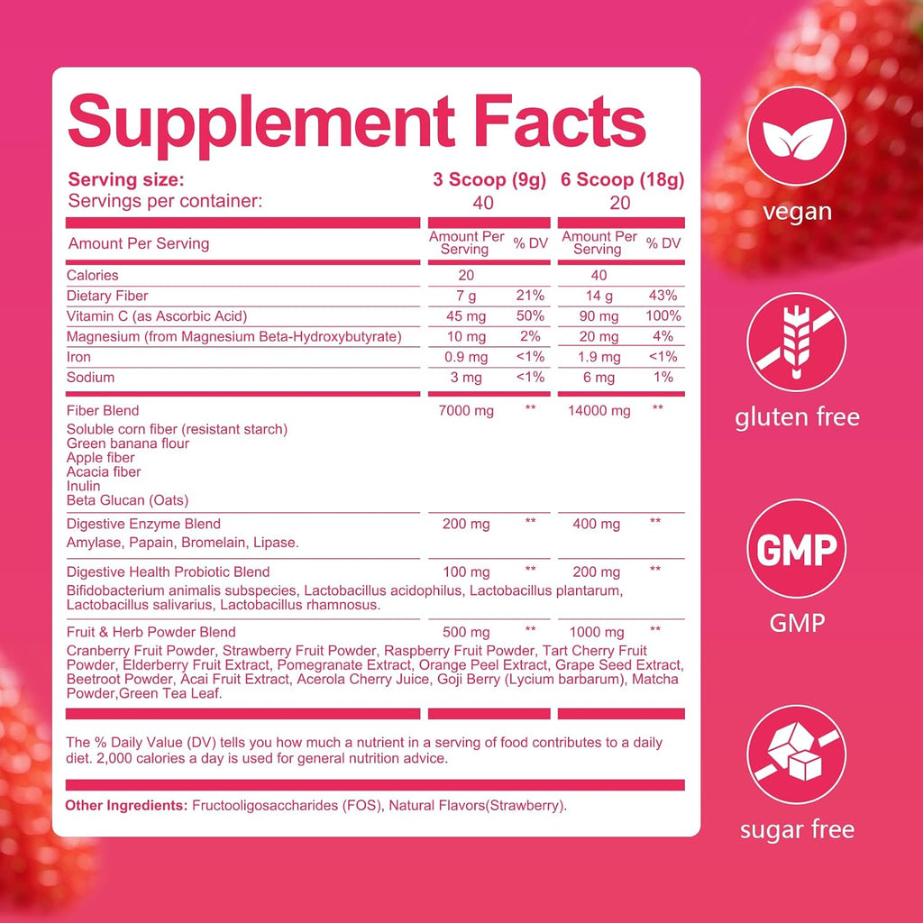 Migcopat Superfood Fiber Powder with Probiotics, Prebiotics, Digestive Enzymes, Vitamin C, Inulin, Magnesium, 14G Fiber Supplement for Digestive Support & Skin Health, Strawberry, 40 Serv.