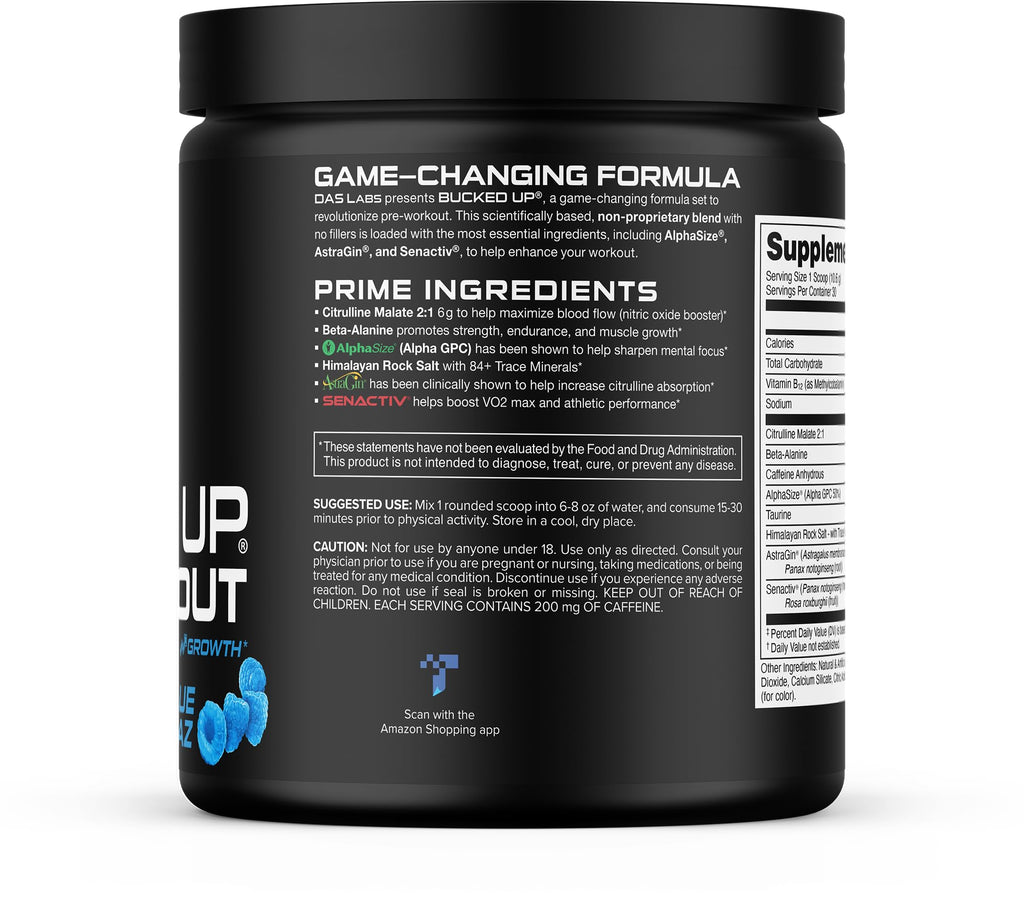 Bucked Up Pre Workout - Best Tasting - 6 Grams Citrulline, 2 Grams Beta Alanine Non Proprietary Blend, Powder (Strawberry Kiwi)
