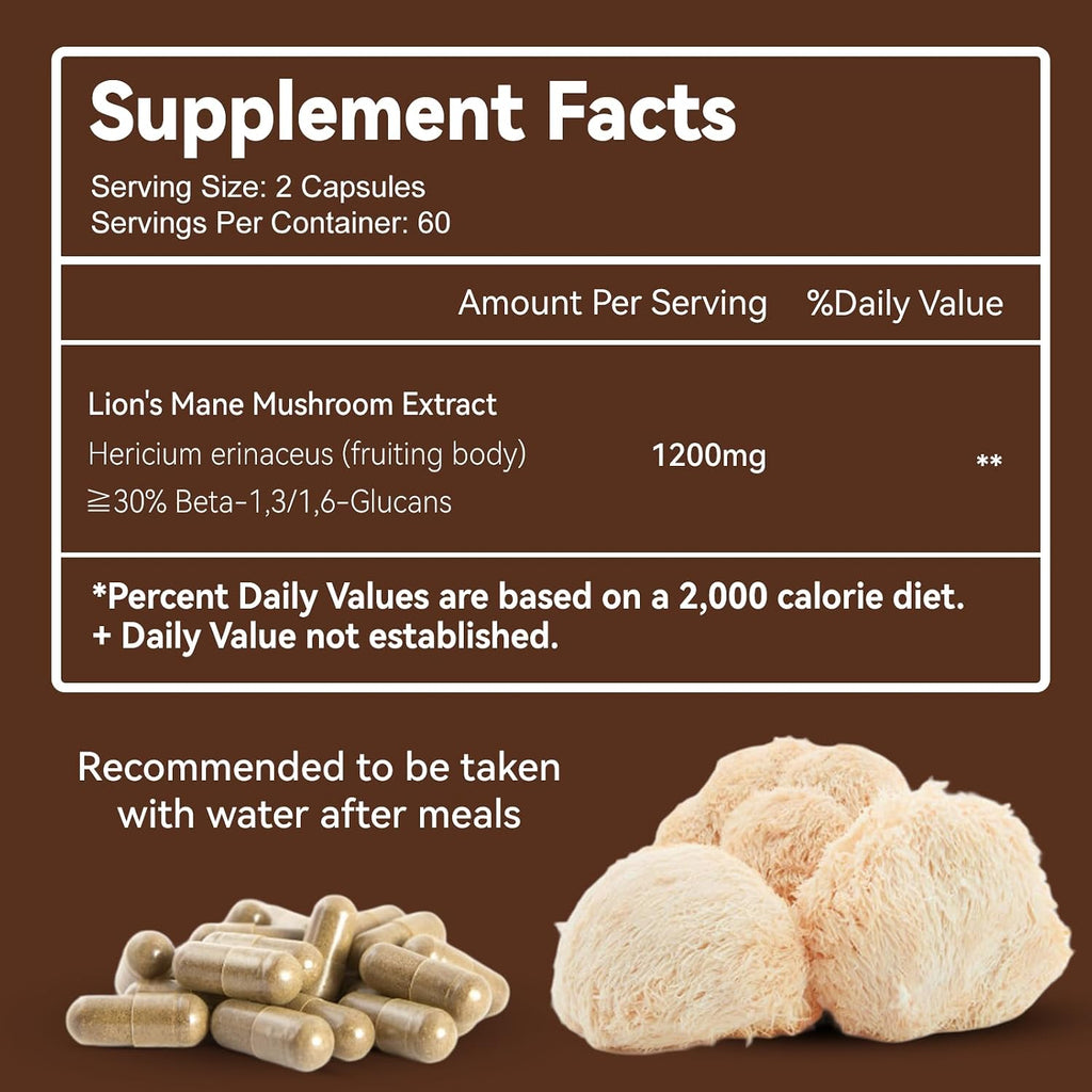 Lion’s Mane Capsules 1200mg, Immune Support, 120 Count