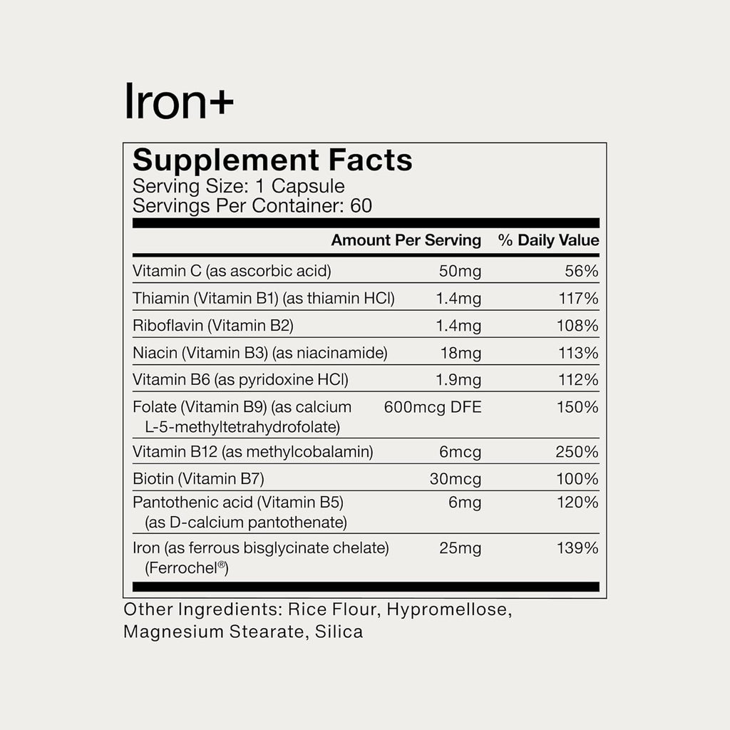 Momentous Iron+ with Vitamin C & Vitamin B Complex - Ferrochel Iron Capsules for Foundational Health Support - NSF Certified for Sport - Gluten-Free - 60 Servings