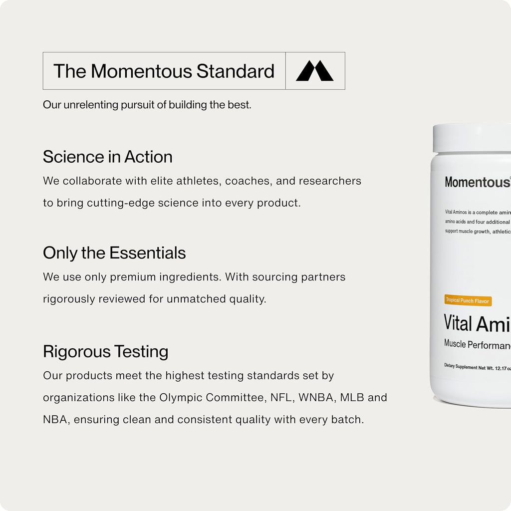 Momentous Vital Aminos Powder Supplement - BCAA & EAA - Tropical Punch - NSF Certified for Sport - GMO- & Gluten-Free - 30 Servings - Package May Vary
