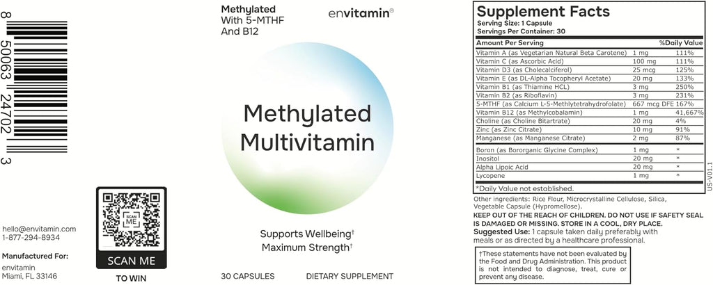 envitamin Methylated Multivitamin Multimineral Complex with L Methylfolate, Methylated B12, 5-MTHF, Inositol, and Lycopene