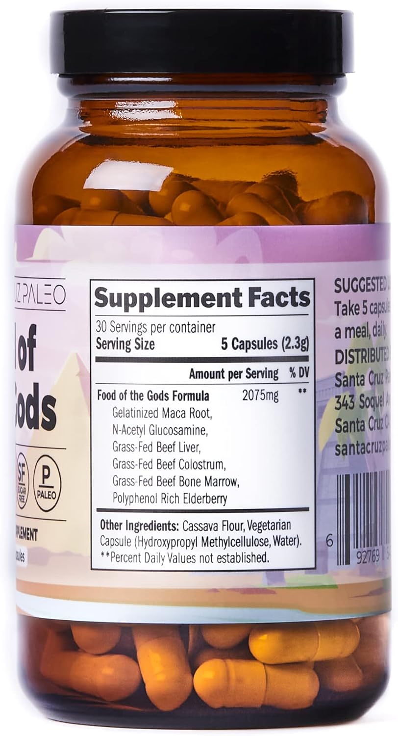 Santa Cruz Paleo, Food of the Gods Grass Fed Beef Organ Supplement for Men and Women, with Collagen, Maca Root, Colostrum, Bone Broth, Iron, Vitamin B12, Gluten Free, Keto Friendly, 30 Servings