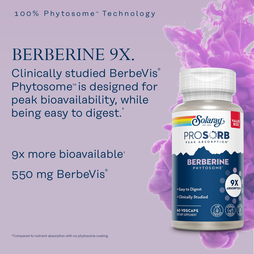 SOLARAY Berberine Phytosome - 9X Absorption and Easy-to-Digest - Standardized to 30% Berberine HCl - Vegan, Made Without Soy - 60-Day Guarantee - 30 Servings, 30 VegCaps