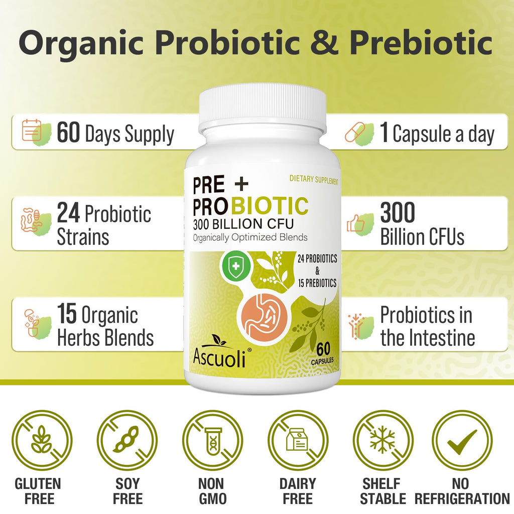 Prebiotics and Probiotics - 300 Billion CFU, 24 Probiotic+15 Herbs, 60 Caps | Probiotics for gut health, Immune & Digestive, Bloating - Probiotics for Women & Men