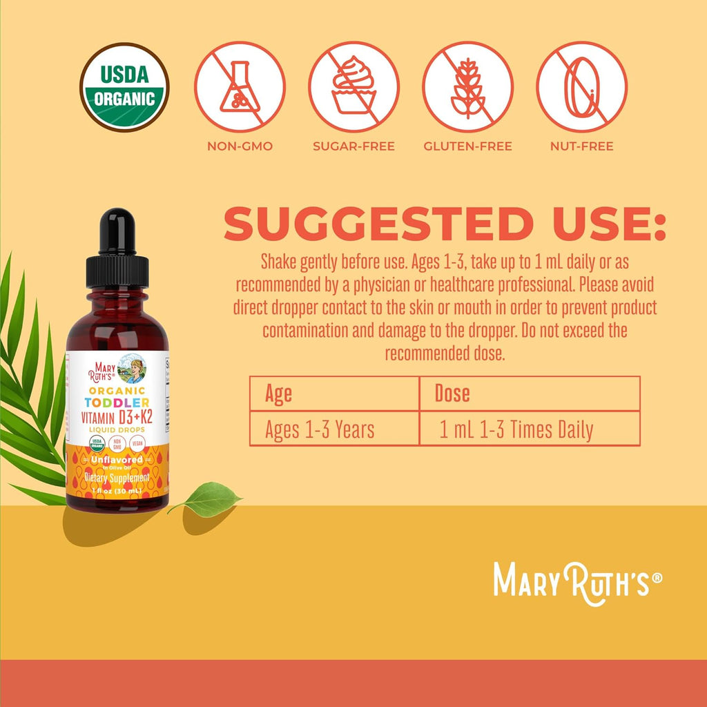 MARYRUTH'S Organics Vitamin D3 | Vitamin K2 | Vitamin D3 K2 Drops | K2 D3 Vitamin Liquid Supplement for Toddlers | Kids Supplement for Calcium Absorption Strong Bones | Vegan | Gluten Free | 1 Fl Oz