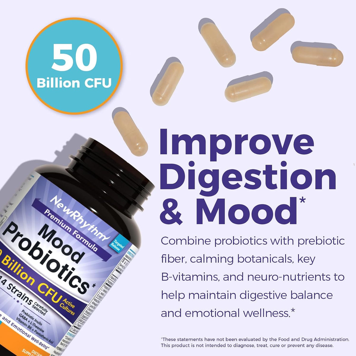 NewRhythm Mood Probiotics 50 Billion CFU, 14 Strains | Lactobacillus Helveticus, Prebiotic, Ashwagandha, GABA, L-Theanine, Vitamin B6 B5, Digestive & Mood Support, 30 Capsules