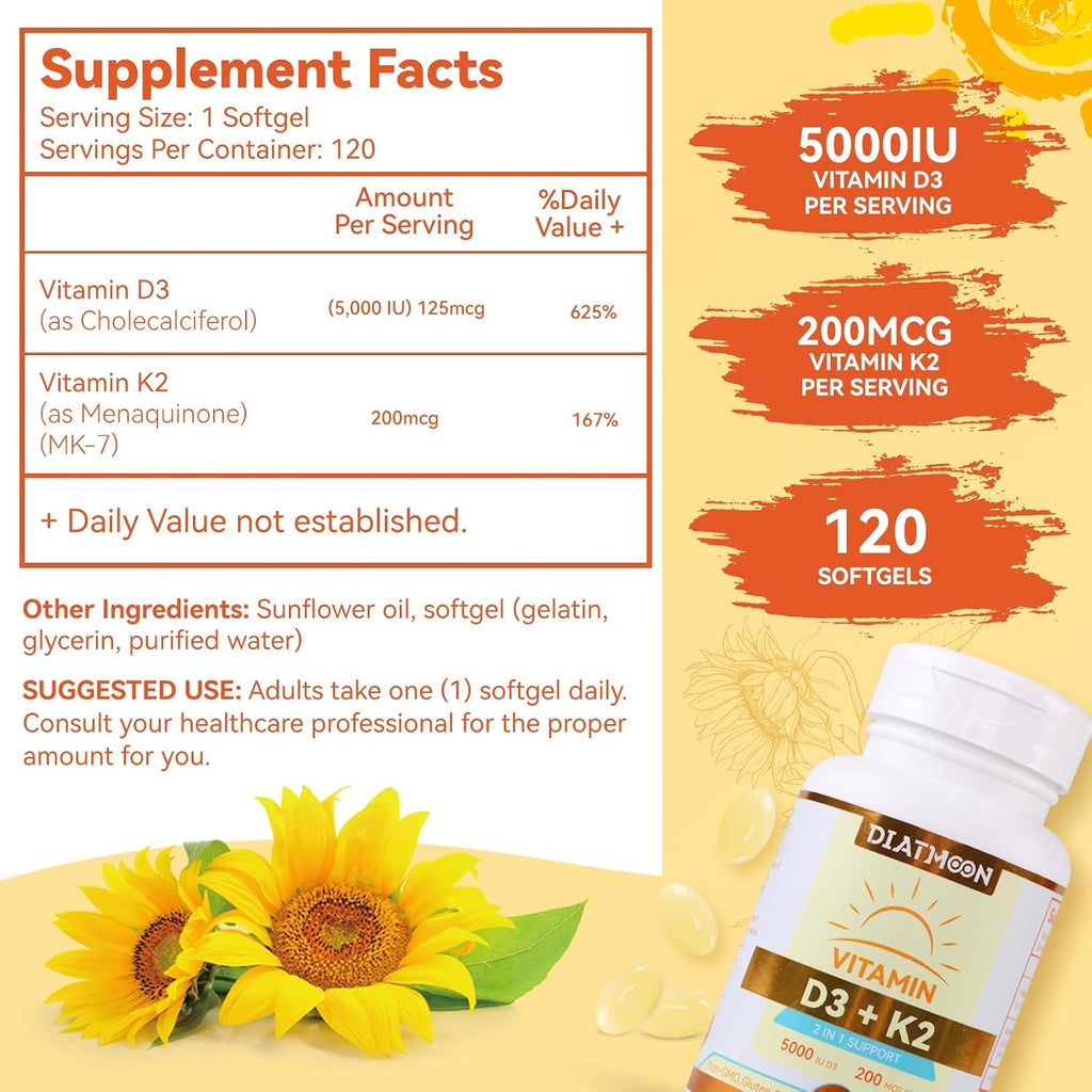 Vitamin D3 K2 Supplement Softgels, Vitamin D3 5000 IU & Vitamin K2 MK7 200 mcg, Bone & Teeth Support, Easy to Swallow - 120 Counts