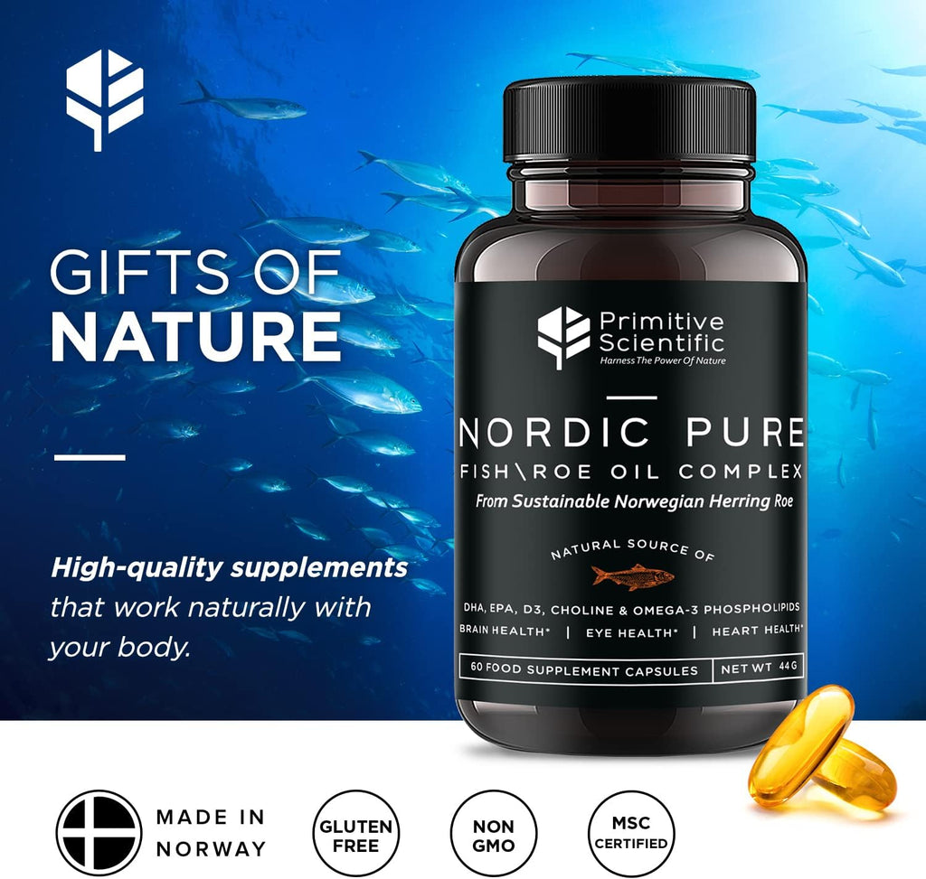 Primitive Scientific Nordic Pure Oil Complex (60 Fish Oil Capsules) for Brain, Immunity & Vision - Heart Supplement w/EPA, DHA, Vitamin D3, Choline - Omega 3 Supplements
