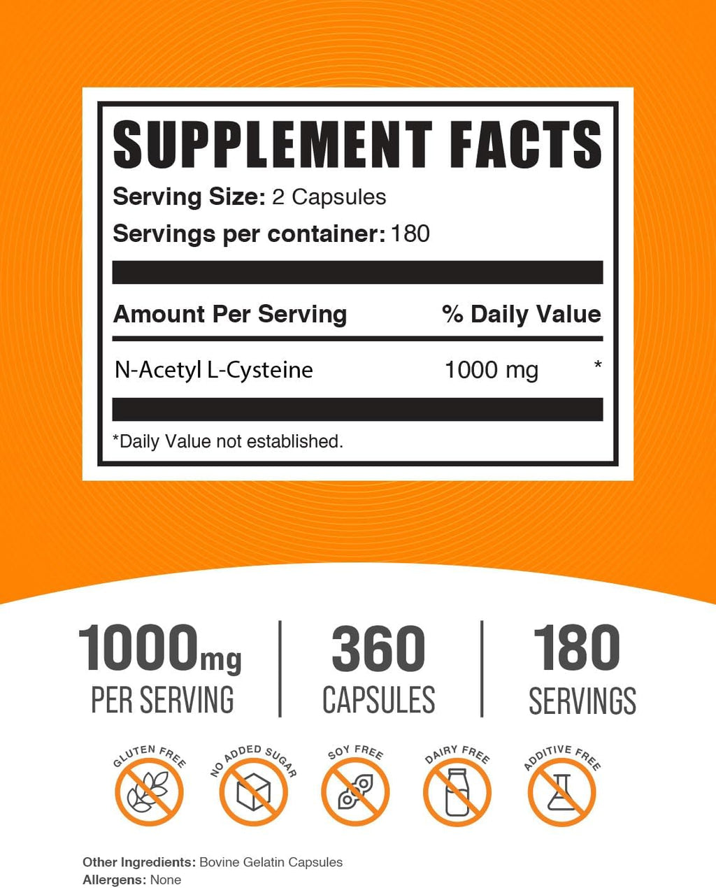 BulkSupplements.com NAC 1000 mg Capsules - N-Acetyle Cysteine 1000mg, NAC Supplement, NAC1000mg - NAC Capsules, Gluten Free - 2 Capsules per Serving, 180-Day Supply, 360 Capsules