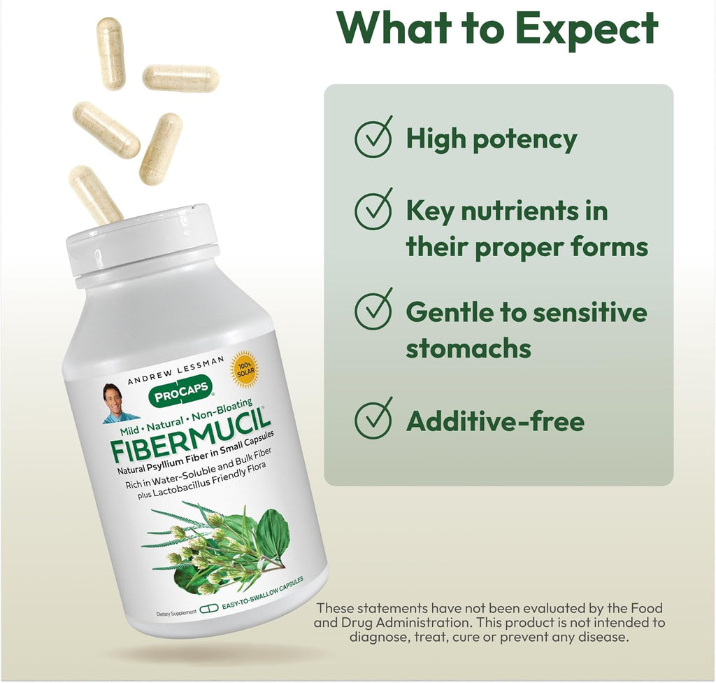 Andrew Lessman ProCaps Fibermucil Psyllium Husk Fiber 180 Capsules | Psyllium Husk Powder with Soluble & Insoluble Fiber plus Lactobacillus Sporogenes. No additives. Easy-to-swallow capsules.
