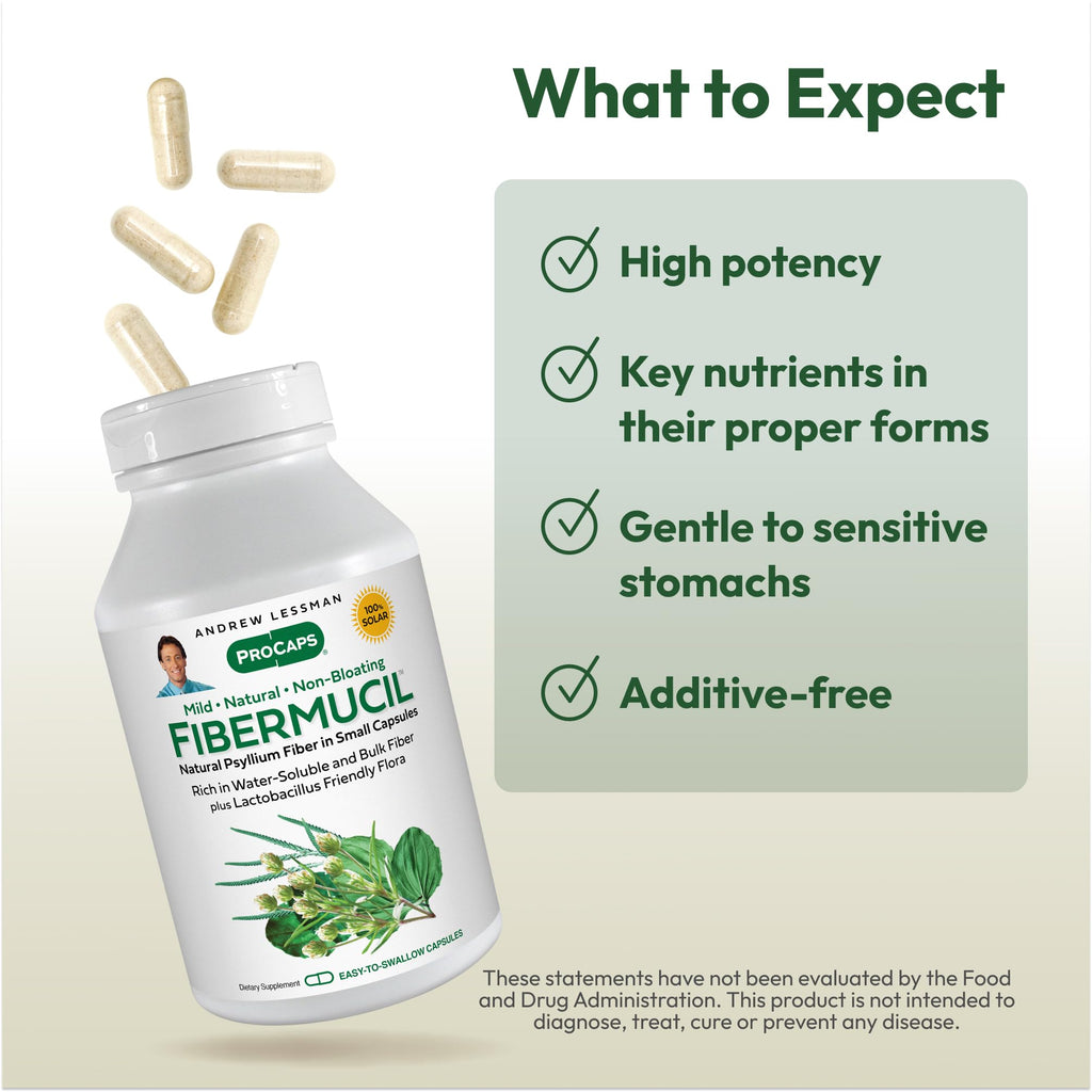 Andrew Lessman ProCaps Fibermucil Psyllium Husk Fiber 180 Capsules | Psyllium Husk Powder with Soluble & Insoluble Fiber plus Lactobacillus Sporogenes. No additives. Easy-to-swallow capsules.