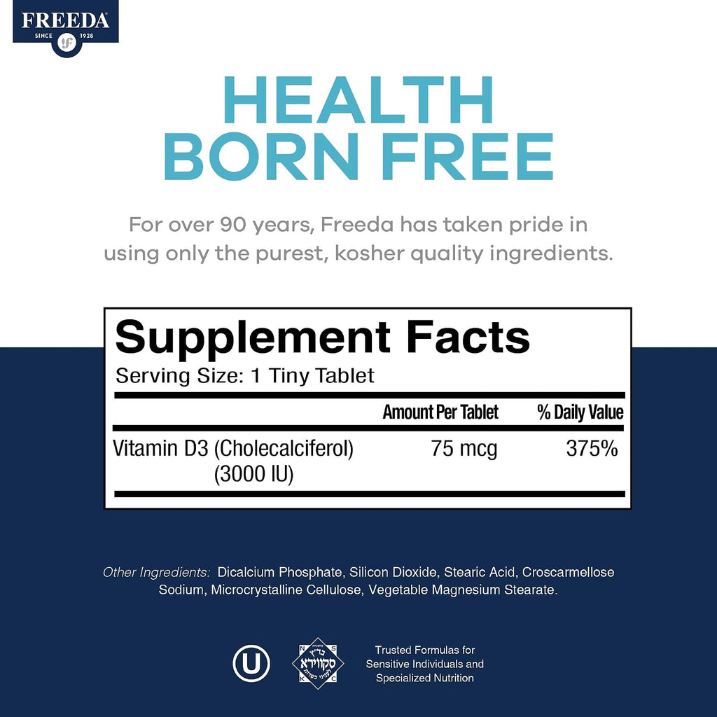 FREEDA Vitamin D3-3000 IU - Pure High Potency Kosher Supplement Tablets - Bone and Muscle Health, Calcium Absorption, Immune Support for Men and Women* - 100 Tiny Tablets | Supports Bone, Muscle & Immune Health – Helps Calcium Absorption – Easy-to-Swallow