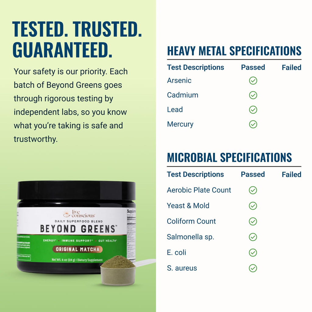 Live Conscious Beyond Greens Superfood Powder - Delicious Debloating Super Greens Powder - Matcha Greens Blend w/Chlorella, Echinacea, Probiotics for Immune Support & Energy