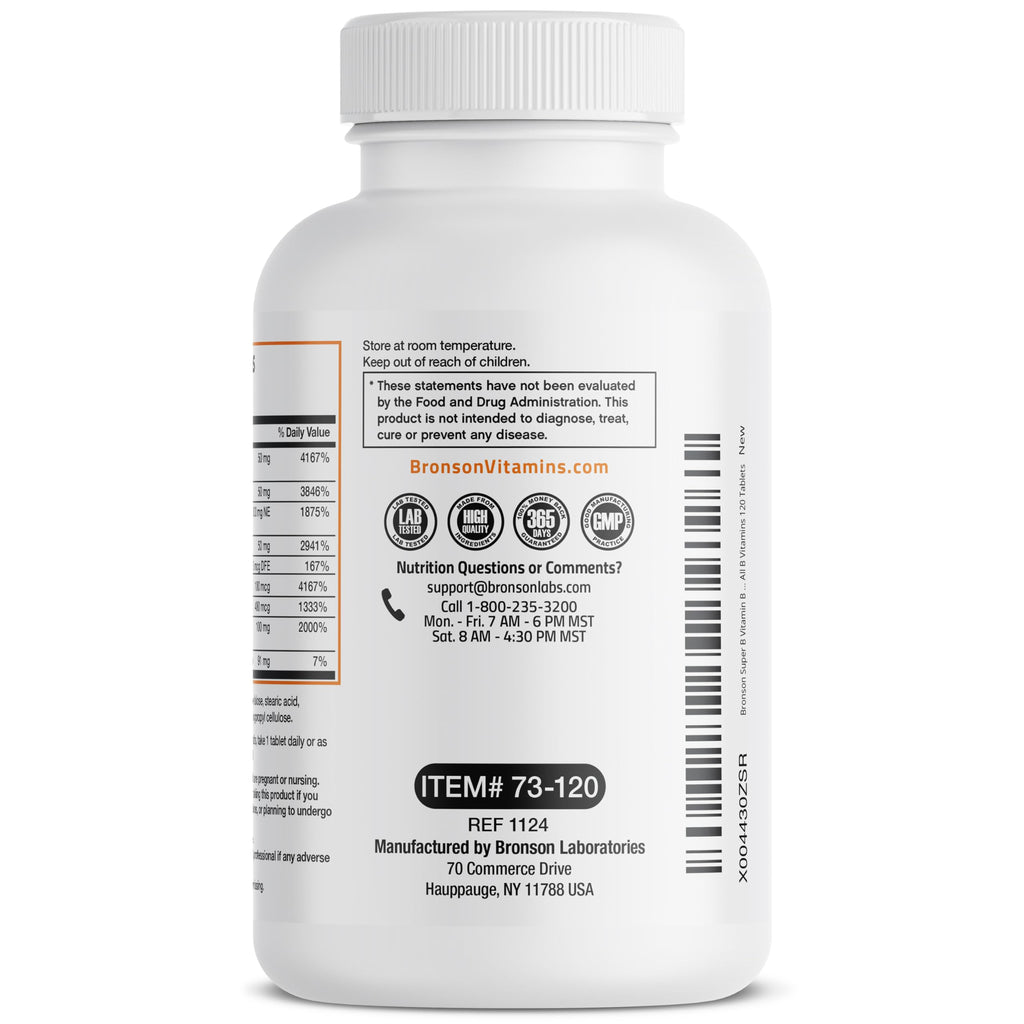 Bronson Super B Vitamin B Complex Sustained Release for Energy, 60 Tablets | B1, B2, B3, B6, Folic Acid, B12, Biotin & Pantothenic Acid, One-Tablet Formula, Non-GMO, Gluten-Free & Soy-Free
