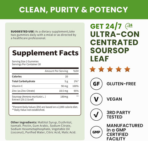 (2 Pack) Soursop Gummies - Soursop Leaves Concentrated Extract for Immune | Herbal Extracts w/Vitamin C, Zinc & Natural Food for Liver, Calming & Antioxidant, Sugar Free, Gluten Free, Vegan, 60 Gummies