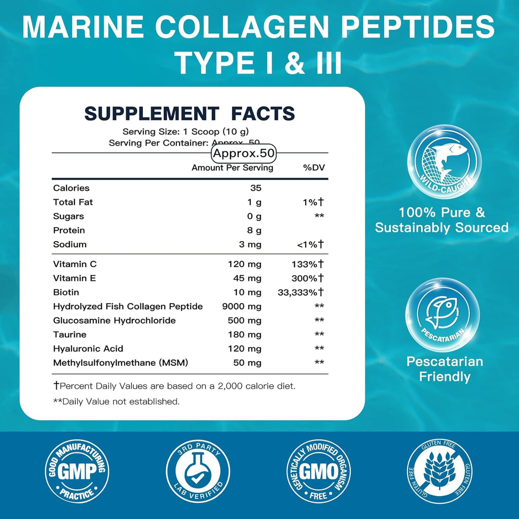 DRFOSTER Marine Collagen Peptides Powder, Multi Type I & III, 50 Servings | Wild-Caught Fish Collagen with MSM, Hyaluronic Acid, Vitamins C & E for Skin, Hair, Nails, Non-GMO