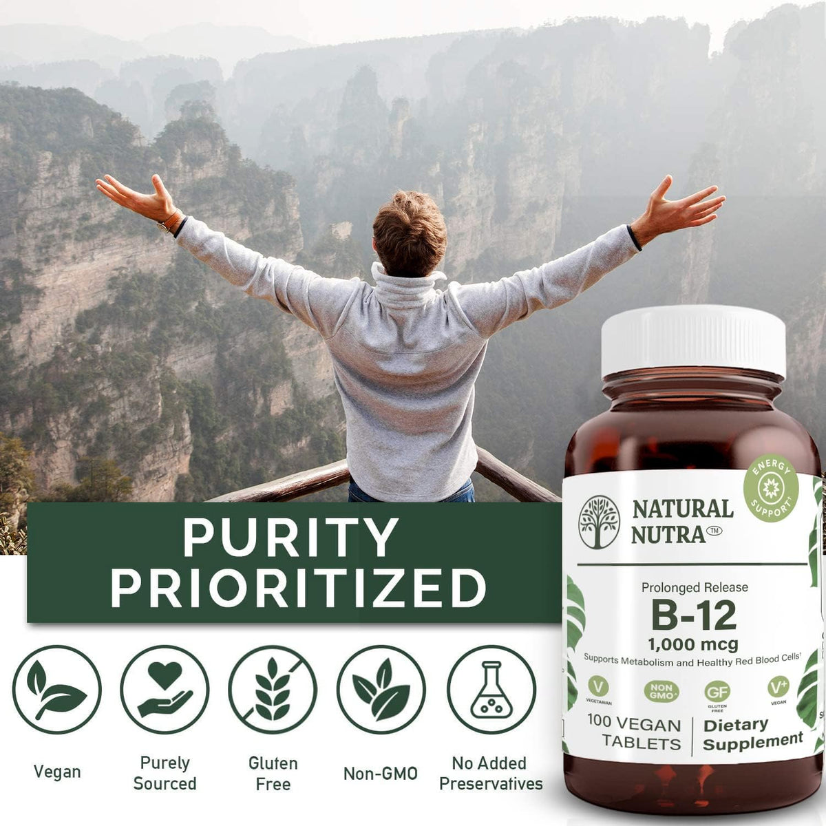 Natural Nutra Vitamin B12 1000 mcg, 100 Vegan Tablets | Promote Heart & Nerve Health, Cobalamin B12 Supplement, Help in Metabolism Health, Optimal Absorption, Gluten-Free,Sugar-Free