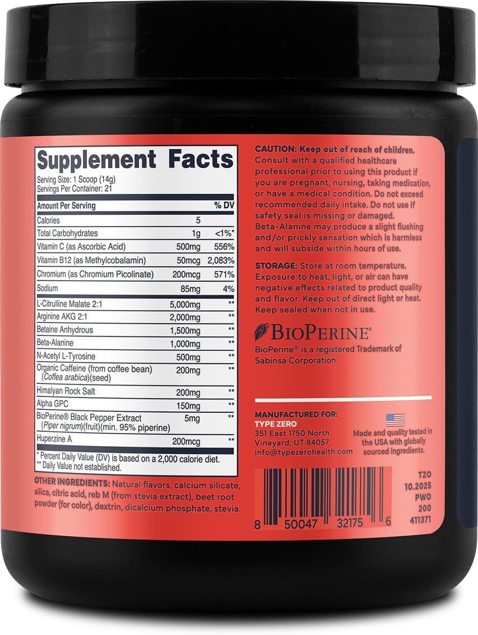Type Zero Clean Pre Workout Powder (Fruit Punch) 21 Servings | 200mg Natural Caffeine, L-Citrulline Malate, Beta Alanine, Alpha GPC, Huperzine A, Himalayan Salt, Sugar Free
