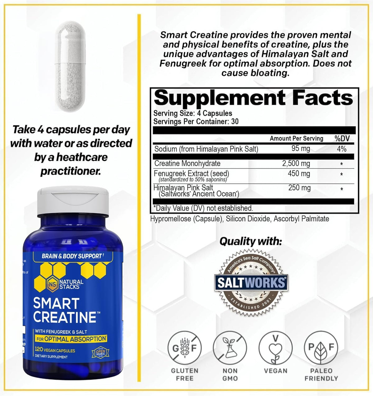 Creatine Monohydrate 2500mg Capsules, Advanced Absorption, 120 Count | With 450mg fenugreek extract and 250mg Himalayan pink salt. Supports muscle building, endurance, and brain health.