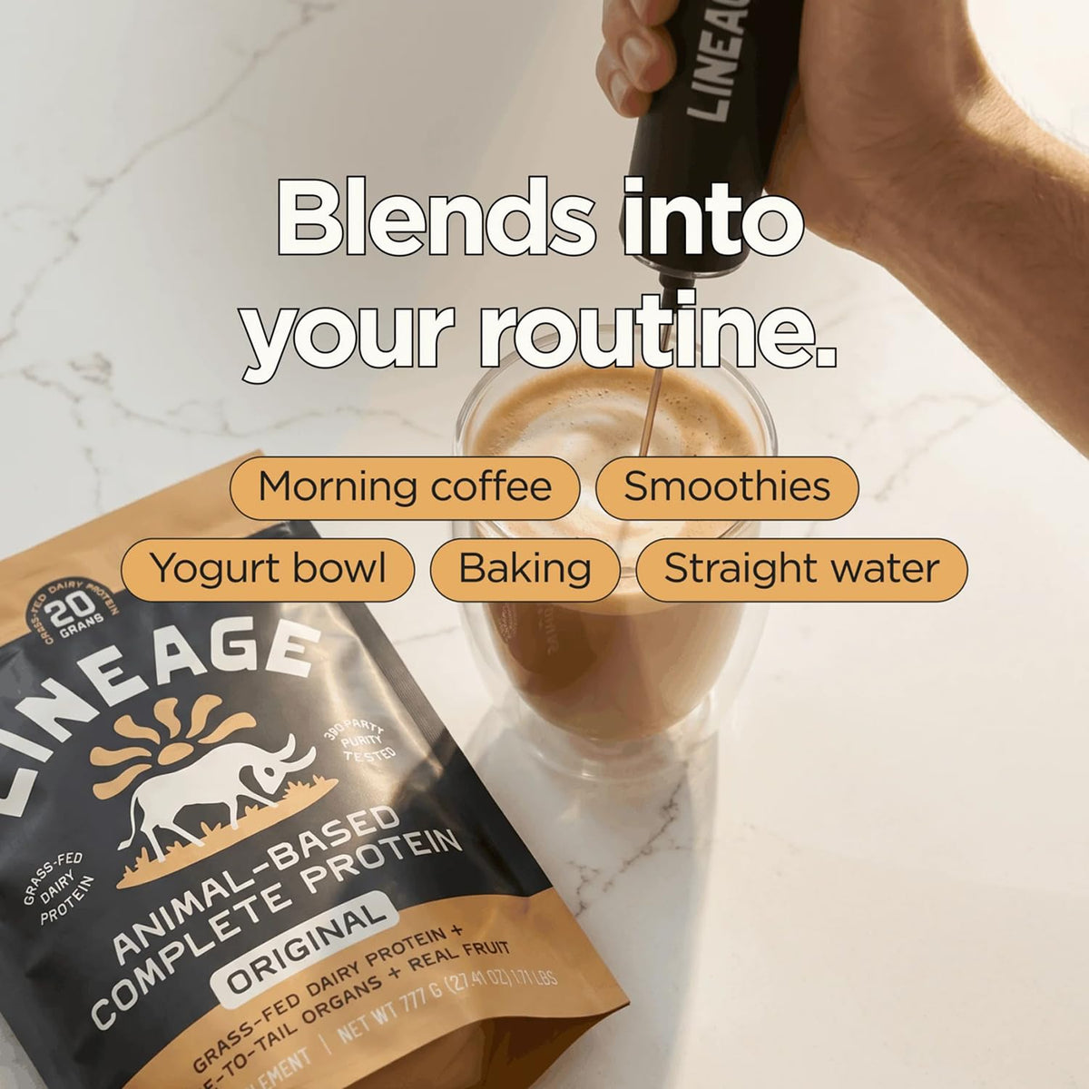 Lineage Provisions Chocolate Whey Protein Powder, 3.09 lbs | 20g complete grass-fed protein with organs, colostrum & fruit. No gums, fillers or artificial sweeteners.