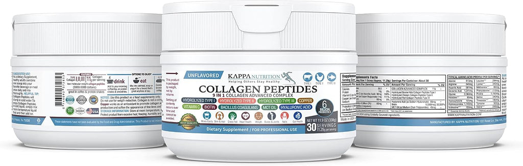 KAPPA NUTRITION Collagen Type I, II, III, 6 Billion Probiotic Acid Resistance, Hyaluronic Acid, Vitamin C, Biotin, Copper and MCT Oil, Beautiful Hair, Nails, & Skin, Collagen Peptides 9 in 1 (11.9oz)