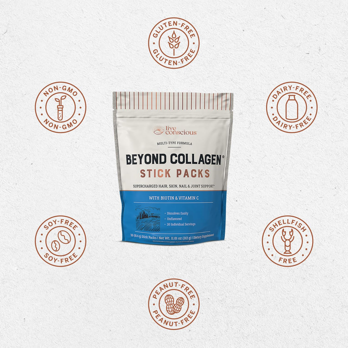 Live Conscious Collagen Peptides Powder - Naturally-Sourced Hydrolyzed Collagen Powder - Hair, Skin, Nail, and Joint Support - Type I & III Grass-Fed Collagen Supplements for Women and Men - 16oz