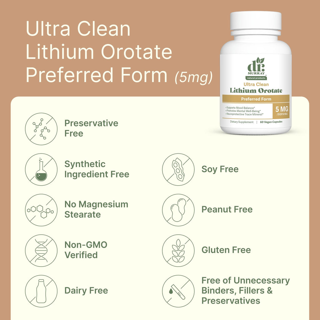 Dr. Murray's Ultra Clean Lithium Orotate 1mg Vegan Capsules - Supports Mood Balance | Cognitive Resilience | Nervous System Health | Emotional Well-Being | 90 Count