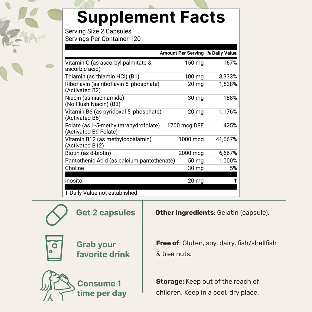 Micro Ingredients Pure Methylated B Complex Vitamins, 240 Capsules | 11-in-1 with Methylfolate, Methylcobalamin B12 & P5P + Fat-Soluble Vitamin C, Choline & Inositol. Filler Free, Non-GMO.