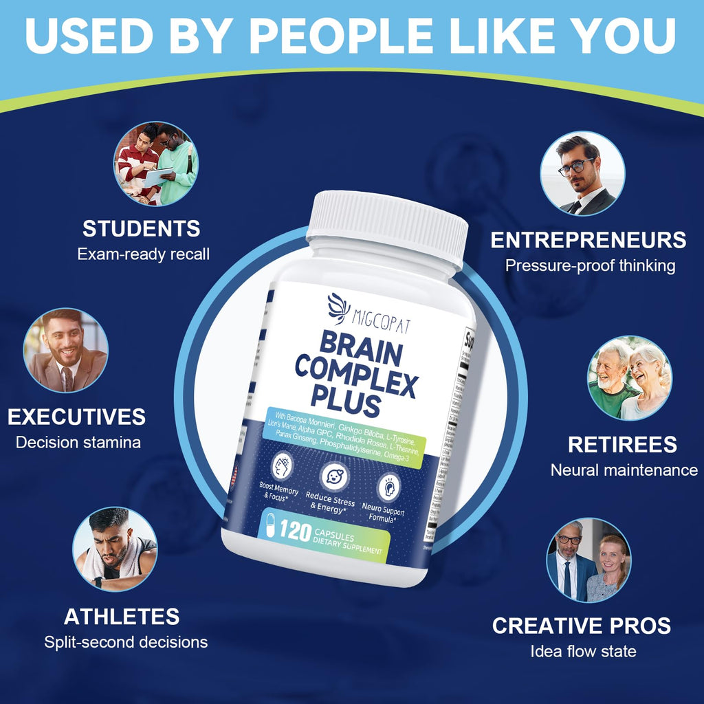 Brain Supplements for Memory & Focus - Nootropic with Bacopa Monnieri, Lion's Mane, Alpha GPC, Phosphatidylserine | Supports Mental Clarity & Cognitive Function | Vitamin B6 & B12-120 Capsules