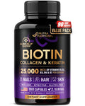 Biotin | Collagen | Hyaluronic Acid | Keratin - Hair Growth & Strength Support Vitamins - Skin & Nails Supplement - Clinically Tested for Men & Women - 25000mcg Vitamins B1, B2, B3, B6 & B7 - 60 Caps