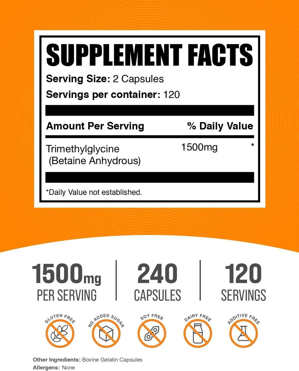 BulkSupplements.com TMG Capsules - Trimethylglycine as Betaine Anhydrous, TMG Supplement - Gluten Free, 2 Capsules per Serving (1500mg), 240 Count (Pack of 1)