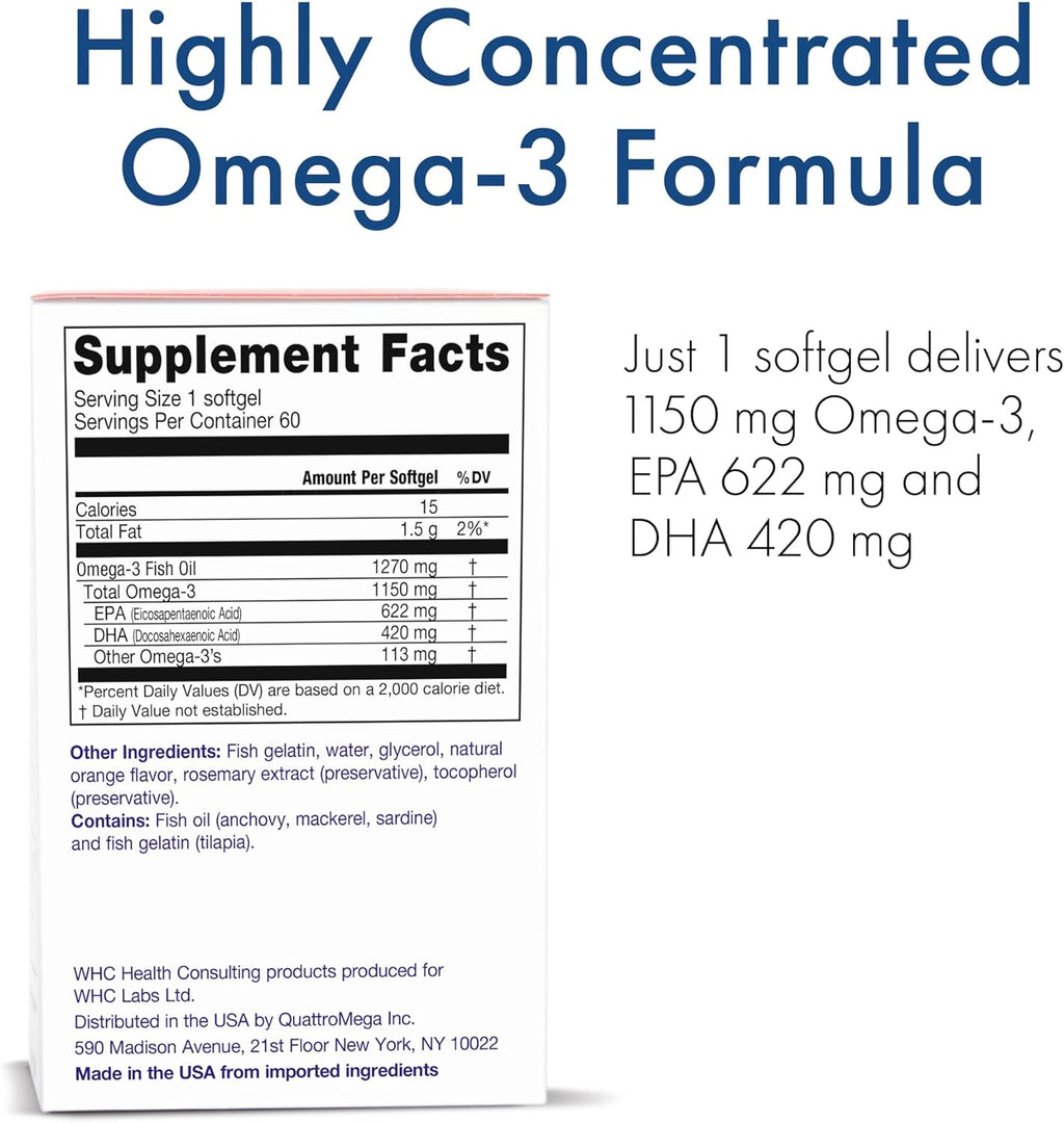 WHC, UnoCardio X2 Fish Oil, Triglyceride Omega-3 Fatty acids, 1270 mg Fish Oil Supplement (622 mg EPA / 420 mg DHA/Total 1150 mg of Omega-3 per Serving), Natural Orange, 60 softgels