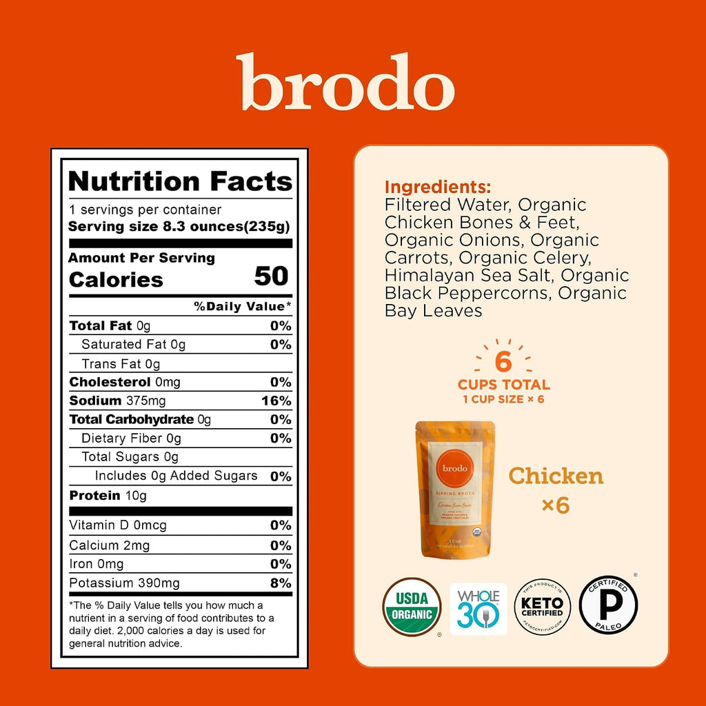 Brodo Ready to Drink Organic Chicken Collagen Rich Bone Broth (6 X 8 oz) | Organic Bone Broth with Collagen, Protein Soup & Sipping Broth for Healthy Meal Prep, Soups and Bone Broth Packets