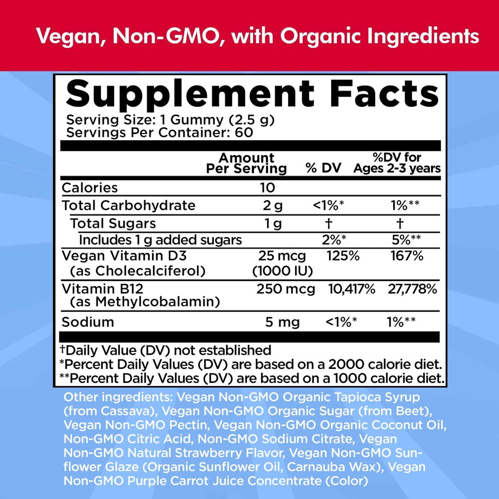 Vitamin D3, B12 Gummies by Dr. Danielle, Vegan Daily Supplement for Adults & Kids, Non-GMO, Vitamin D3 1000 IU & 250 mcg Vitamin B12, 2 Month Supply (60 Gummies)