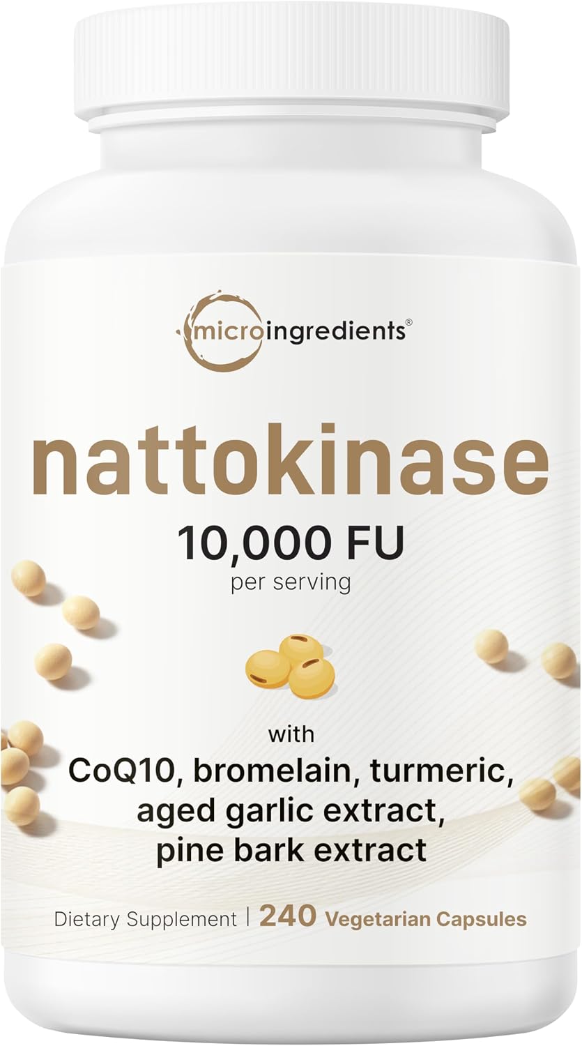 Micro Ingredients Nattokinase 10,000 FU Per Serving, 240 Veggie Capsules | Natural Natto Extract with CoQ10, Turmeric, Aged Garlic & Pine Bark Extract. Non-GMO, Gluten Free.
