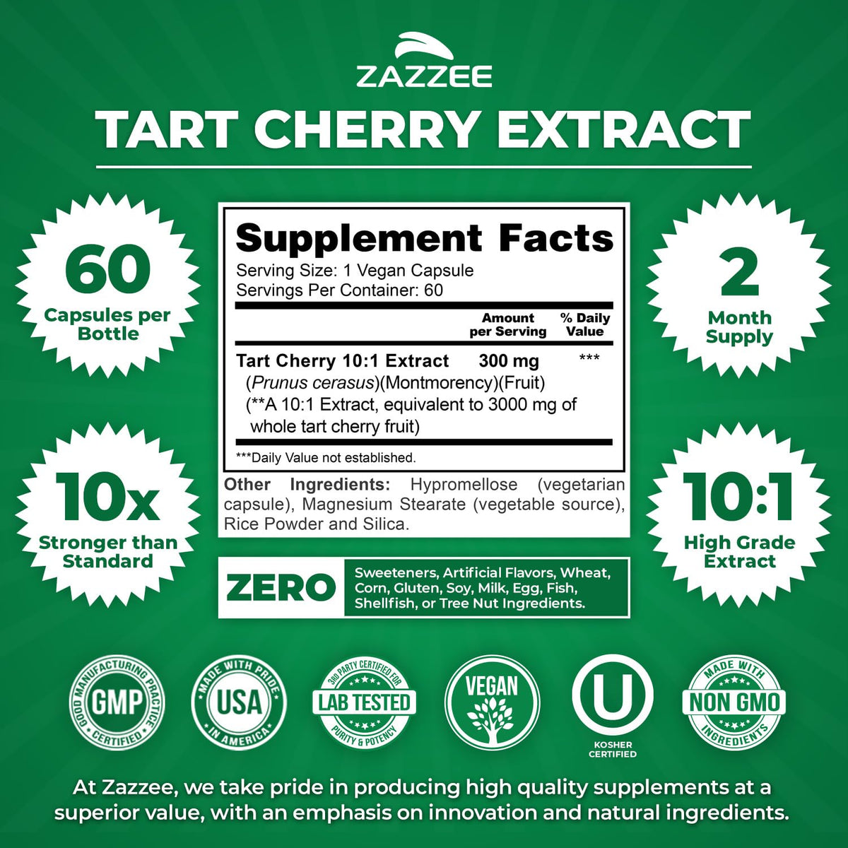 Zazzee Tart Cherry 10:1 Extract, 200 Vegan Capsules, 6+ Month Supply, Montmorency Cherry, Certified Kosher, Joint & Uric Acid Support, Antioxidant Support Formula, Non-GMO, Made in the USA